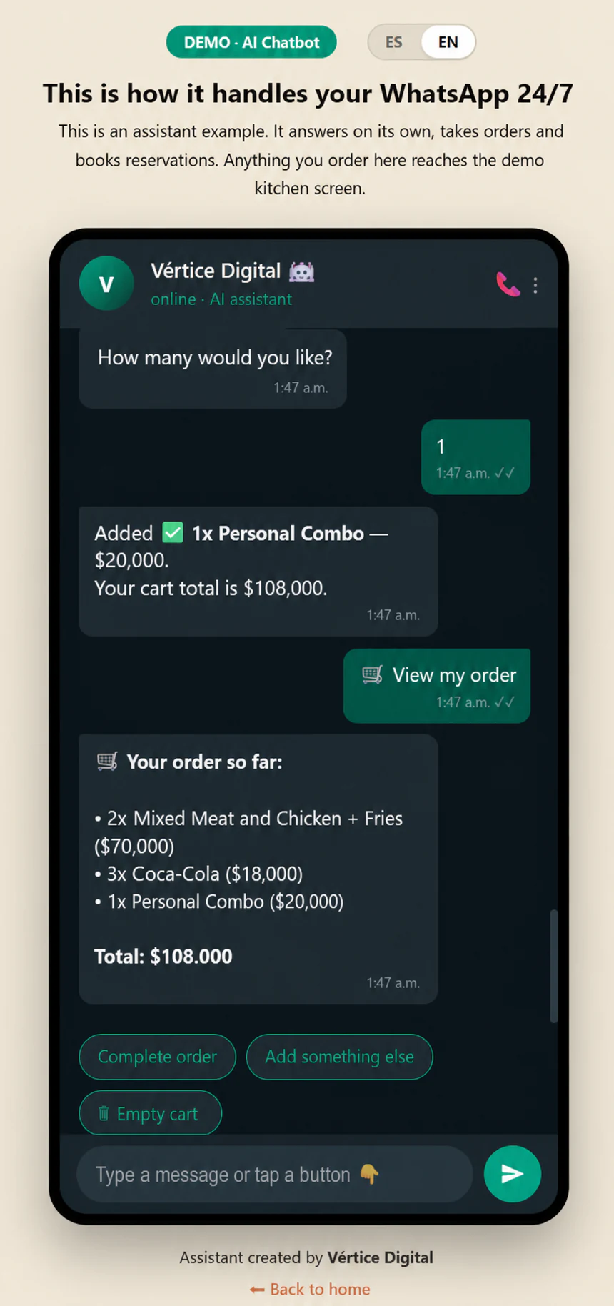 Vértice POS chatbot taking an order in English