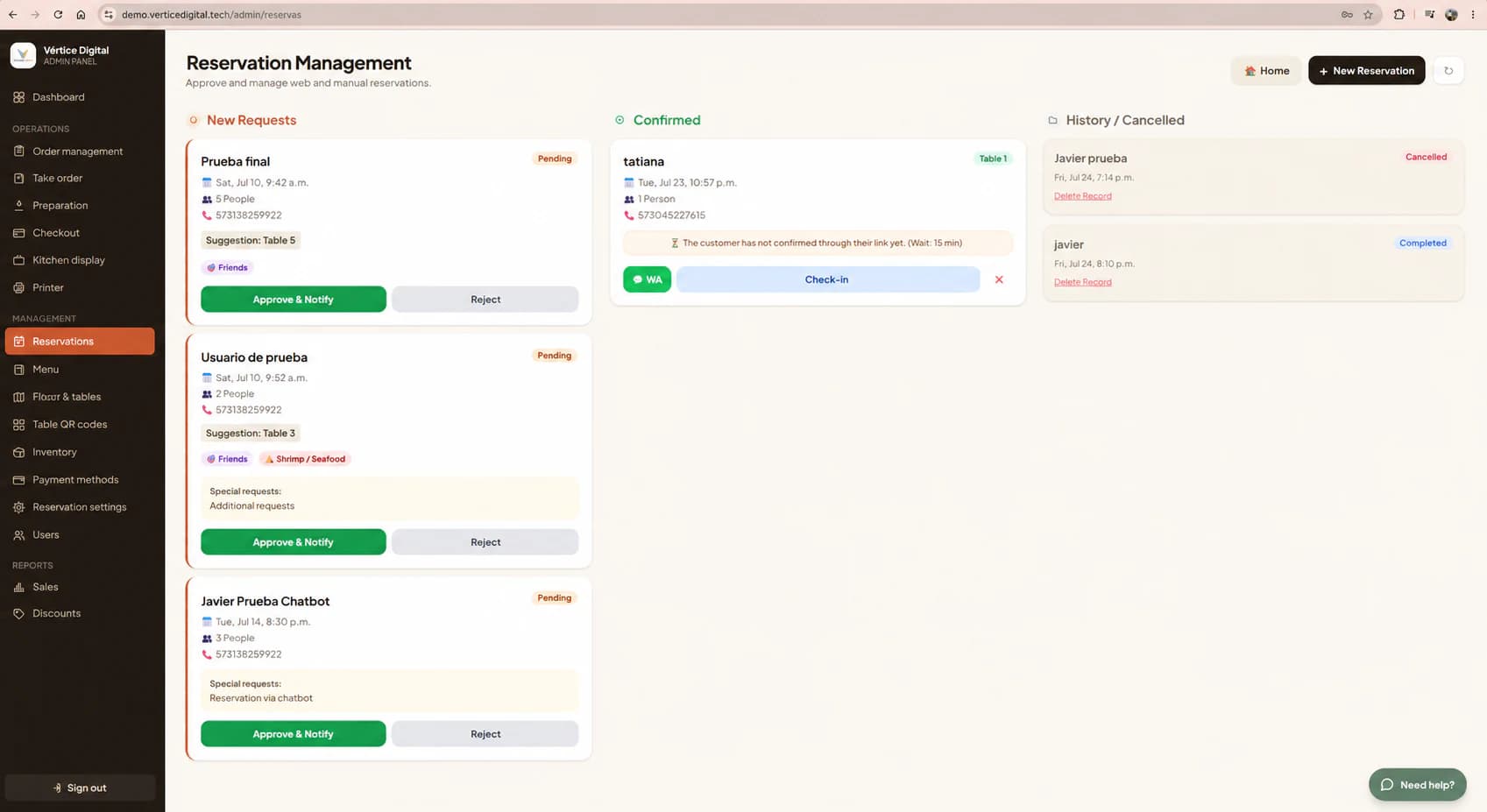 Reservation created by the chatbot inside the Vértice POS management panel