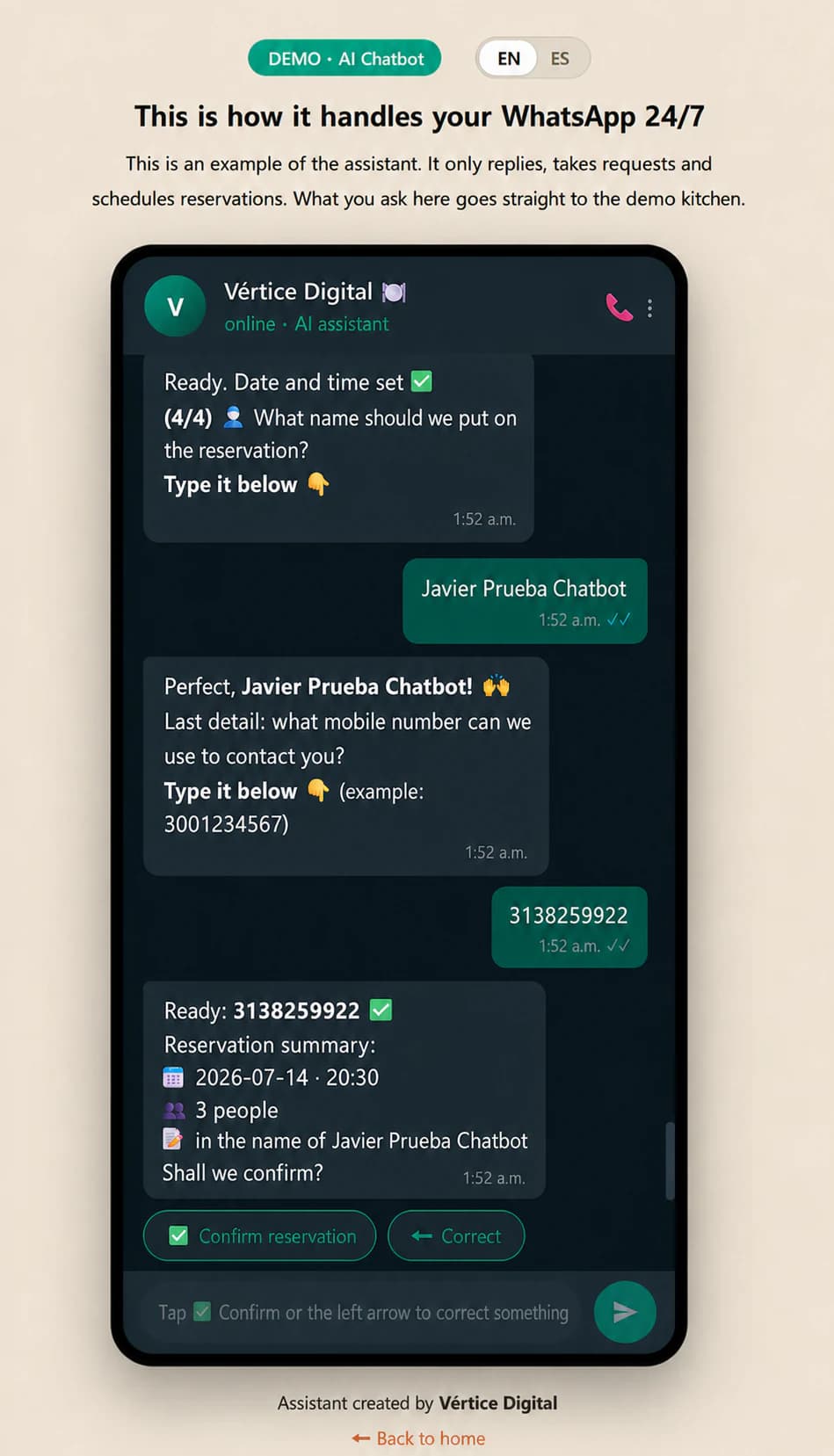 Vértice POS chatbot managing a reservation in English