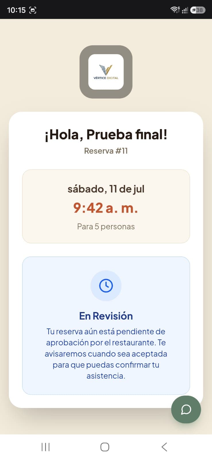 Mobile reservation tracking page in Vértice POS