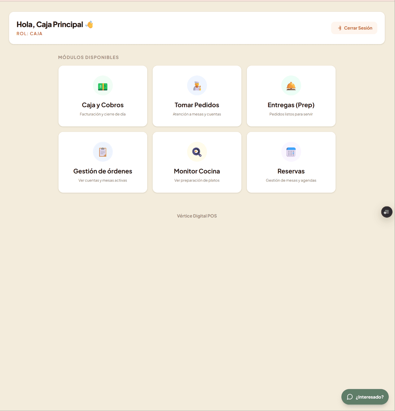 Operational modules available to the checkout role in Vértice POS