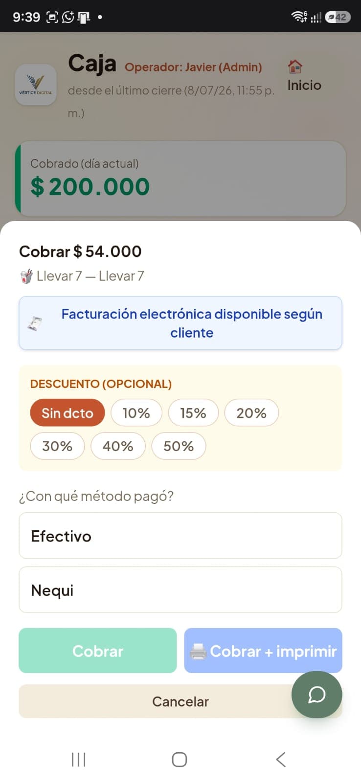 Real Vértice checkout screen for service businesses