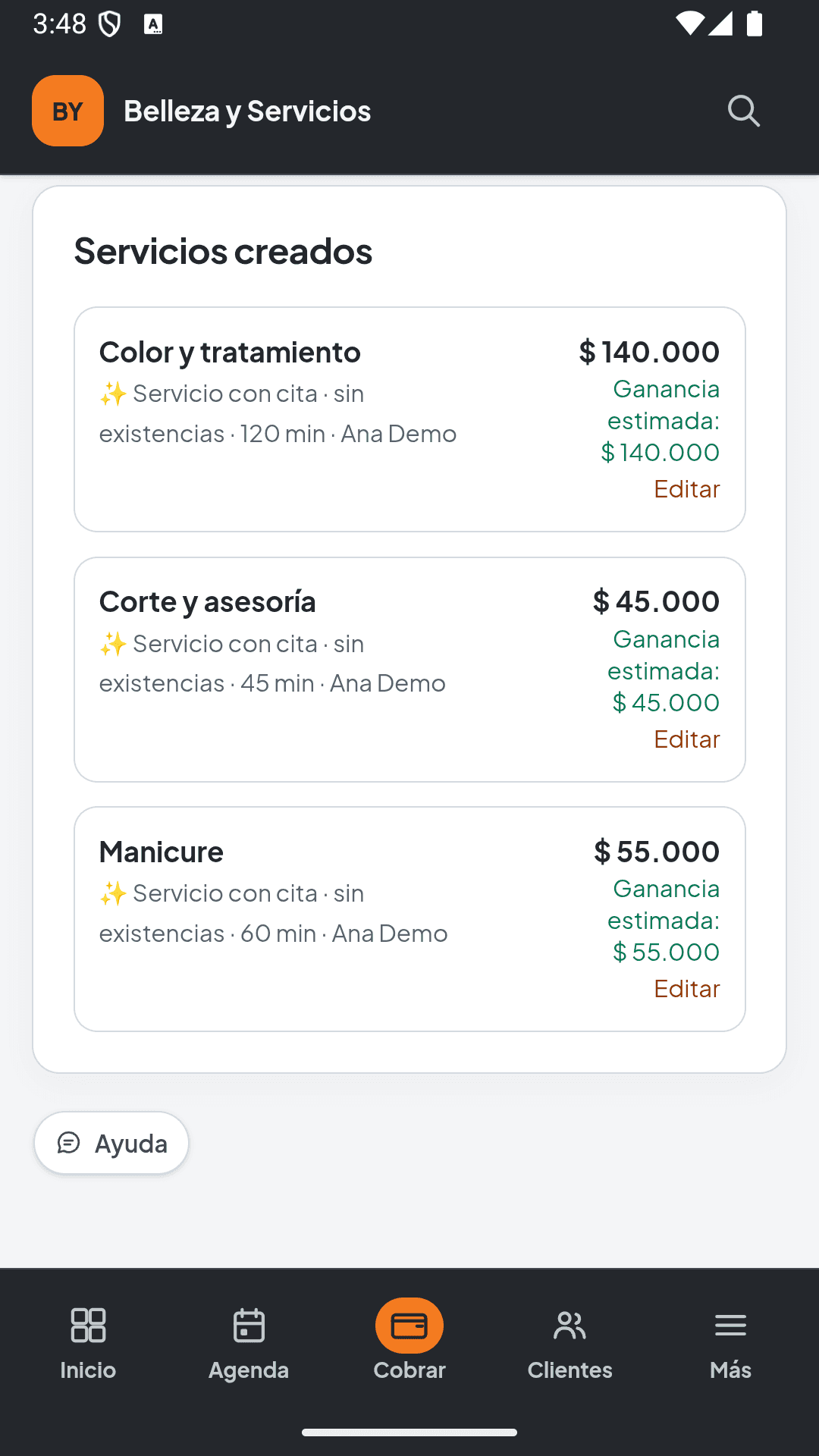 Servicios de demostración con precios, duración y profesional en Vértice