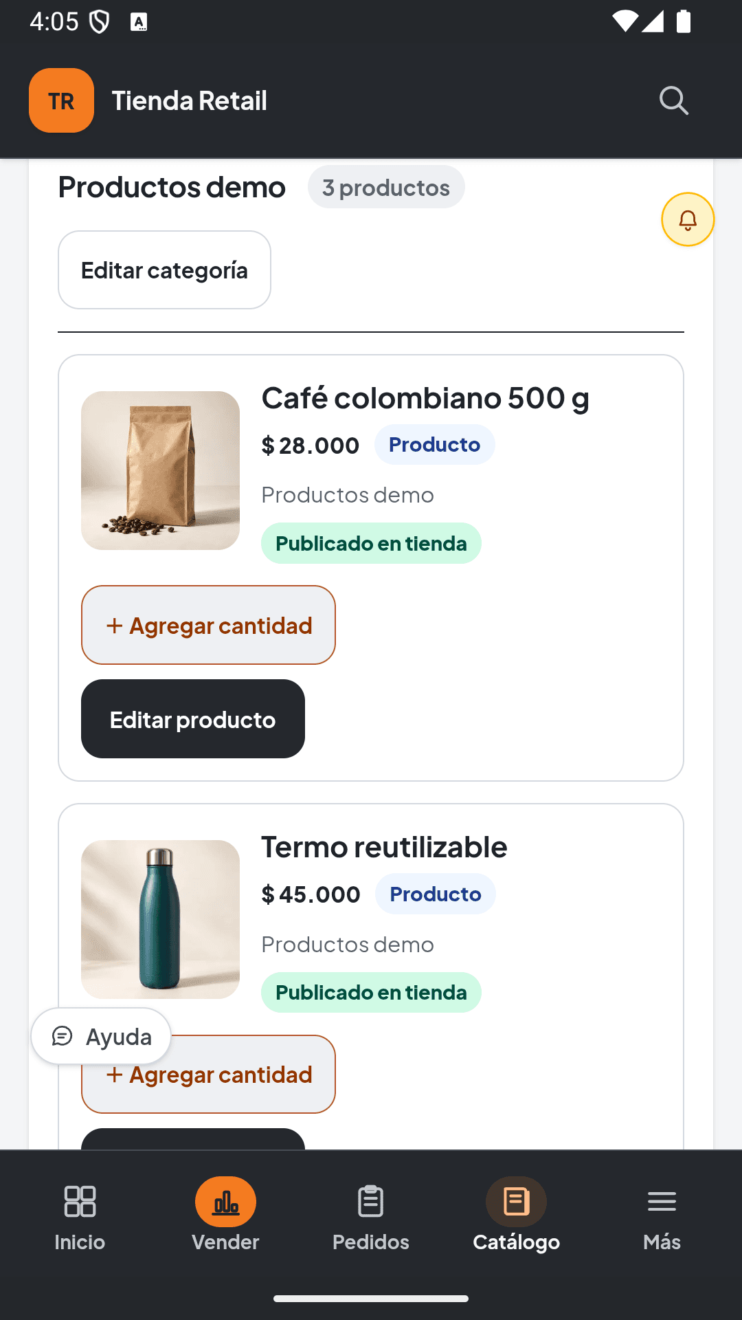 Demo products with photos in Vértice's retail catalog